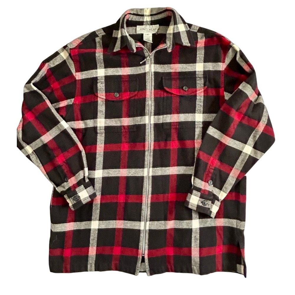 JONES WEAR SPORT Red Black Plaid Zip Up Cotton Flannel Shirt Jacket Womens Small